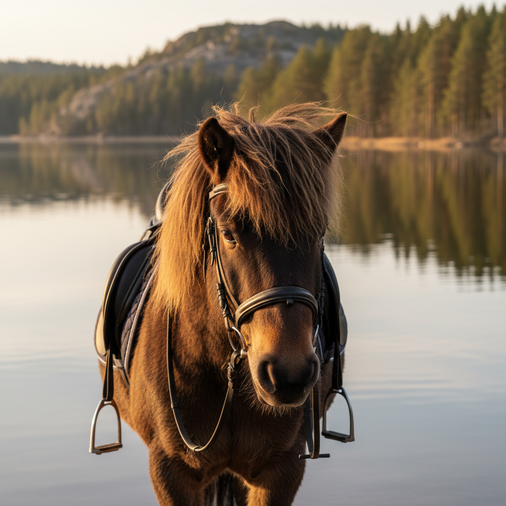 En kraftfull islandshäst med tjock, vindrufsad man och tät vinterpäls står vid strandkanten av Öresjö i Trollhättan. Hästen bär en välskött mörkbrun lädersadel och träns, detaljer syns tydligt i sömmar och metallspännen. Bakom syns den spegelblanka sjön, barrskog och mjuka bergshällar. Bilden är tagen i varm kvällssol som skapar gyllene reflexer i hästens päls och vattnet, med långa mjuka skuggor. Fotograferat i ögonhöjd med hästen, skarp fokus på huvudet och suddig bakgrund, vilket ger en professionell, inbjudande och harmonisk känsla, i fotografisk realism.