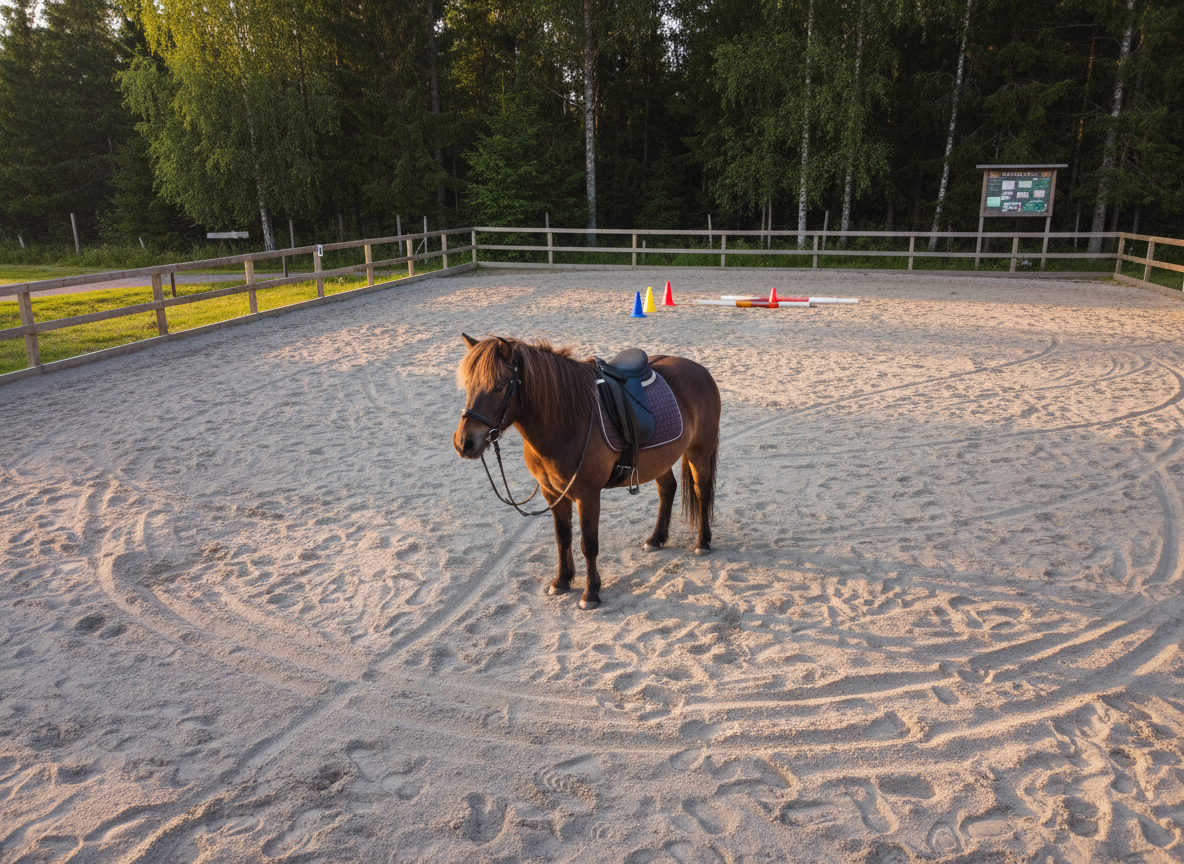 En lugn ridbana omgiven av trästaket och skog nära Öresjö, med ett tydligt fokus på en islandshäst uppställd mitt på banan för lektion. Sandunderlaget är jämnt harvat, med tydliga hovspår som löper i cirklar. Hästen bär enkel, välanpassad utrustning i mörkt läder och ser avslappnad men uppmärksam ut. I bakgrunden skymtar en rad färgglada koner, bommar och en informationsskylt utan läsbar text. Kvällsljuset är mjukt och varmt, ger svaga skuggor och en behaglig glöd över scenen. Fotograferat i lätt fågelperspektiv för översikt, med skarp detaljrikedom. Stämningen är pedagogisk, trygg och strukturerad, i ren fotografisk realism.