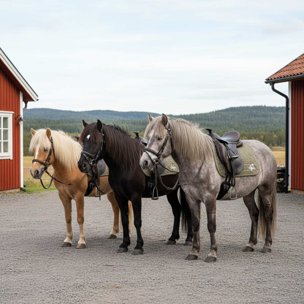 En liten grupp islandshästar i olika färger – isabell, svart och skimmel – står sadlade i en grusad gårdsmiljö nära Öresjö, redo för turridning. Man och svans är välborstade, utrustningen är prydlig och matchad i dämpade naturtoner. I bakgrunden anas röda träbyggnader med vita knutar och glimt av skogsklädda kullar. Mjukt, jämnt dagsljus från en lätt molnig himmel ger jämna toner och nästan inga hårda skuggor. Kompositionen följer tredjedelsregeln med flocken placerad något åt sidan, skärpan är jämn över hela bilden. Stämningen är lugn, välorganiserad och professionell, med realistisk fotografisk stil.