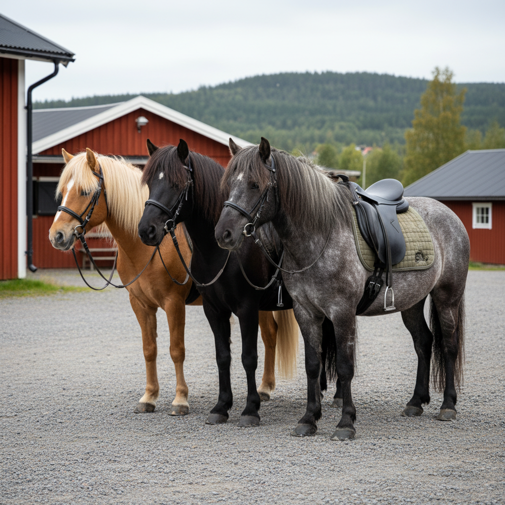 En liten grupp islandshästar i olika färger – isabell, svart och skimmel – står sadlade i en grusad gårdsmiljö nära Öresjö, redo för turridning. Man och svans är välborstade, utrustningen är prydlig och matchad i dämpade naturtoner. I bakgrunden anas röda träbyggnader med vita knutar och glimt av skogsklädda kullar. Mjukt, jämnt dagsljus från en lätt molnig himmel ger jämna toner och nästan inga hårda skuggor. Kompositionen följer tredjedelsregeln med flocken placerad något åt sidan, skärpan är jämn över hela bilden. Stämningen är lugn, välorganiserad och professionell, med realistisk fotografisk stil.