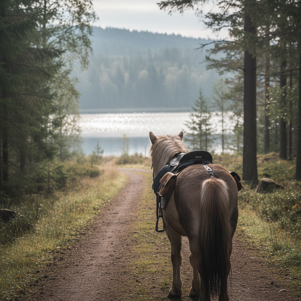 En stillsam vy över en smal skogsväg som leder ner mot Öresjö, med en islandshäst i framkant sedd snett bakifrån, som om betraktaren snart ska följa med på turridning. Hästen har tät vinterpäls, tydlig rygglinje och välanpassad sadel med liten packväska. Vattnet i sjön glittrar mellan träden längre bort, omgiven av mjuka kullar och blandad skog. Morgonljus sipprar in mellan stammarna, skapar dimmiga stråk och mjuk belysning utan hårda kontraster. Kompositionen leder blicken längs vägen mot sjön, med tydlig djupkänsla och gradvis oskärpa. Bilden förmedlar förväntan, ro och naturupplevelse i professionell, fotografiskt realistisk stil.