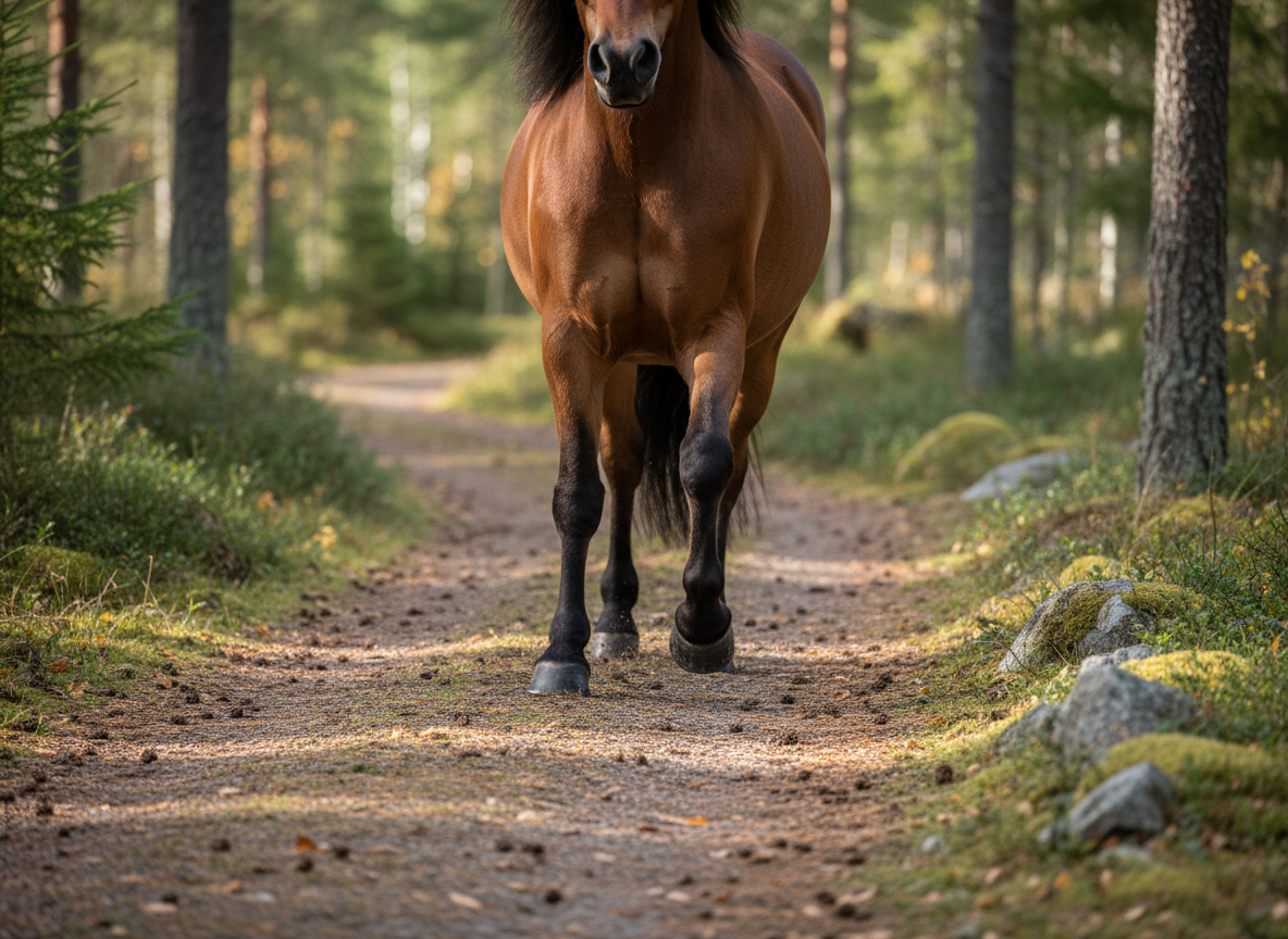 Närbild på en islandshästs kraftiga ben och hovar som rör sig i tölt längs en slingrande skogsstig vid Öresjö. Den bruna pälsen är blank och välskött, hovarna rena mot den fasta grus- och jordstigen med inslag av barr och löv. Längs sidorna syns mossbeklädda stenar, blåbärsris och stammar av tall och gran, mjukt ur fokus. Ljuset är filtrerat genom trädens kronor, skapar levande mönster av ljus och skugga över marken. Kameran är placerad lågt vid marknivå för dynamisk känsla, med rörelsefryst skärpa och lätt bakgrundsoskärpa. Bilden känns energifylld men kontrollerad, i naturrealistisk, fotografisk stil.