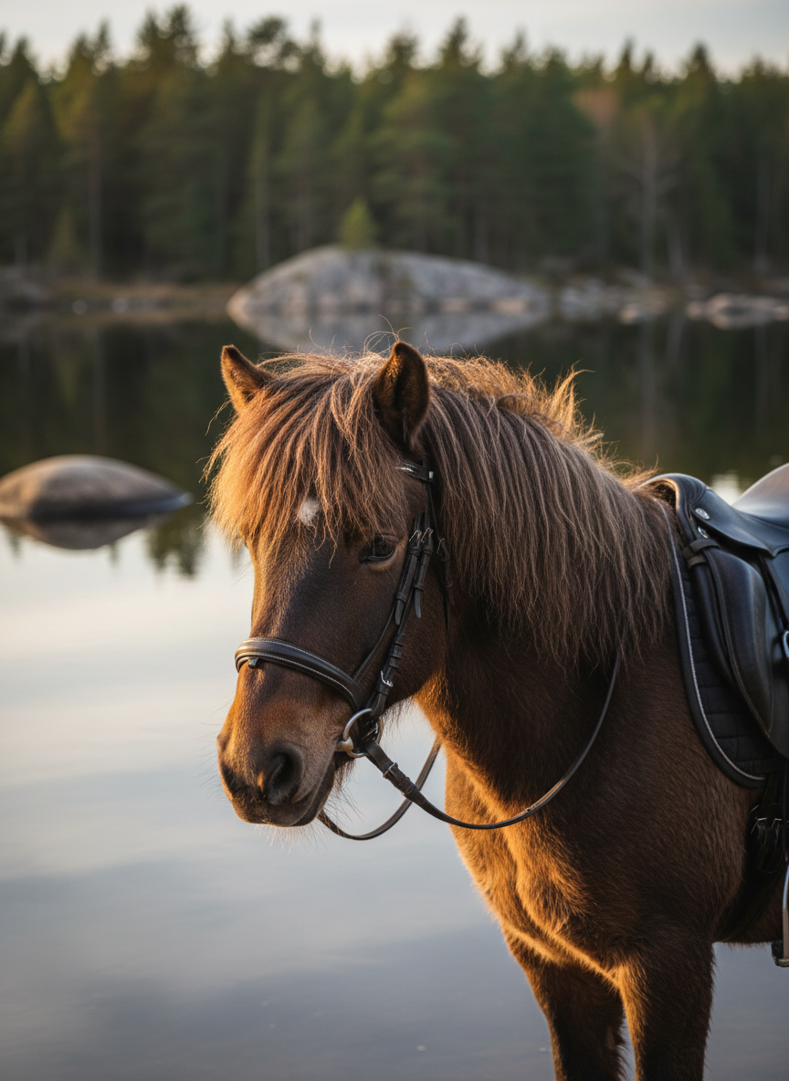 En kraftfull islandshäst med tjock, vindrufsad man och tät vinterpäls står vid strandkanten av Öresjö i Trollhättan. Hästen bär en välskött mörkbrun lädersadel och träns, detaljer syns tydligt i sömmar och metallspännen. Bakom syns den spegelblanka sjön, barrskog och mjuka bergshällar. Bilden är tagen i varm kvällssol som skapar gyllene reflexer i hästens päls och vattnet, med långa mjuka skuggor. Fotograferat i ögonhöjd med hästen, skarp fokus på huvudet och suddig bakgrund, vilket ger en professionell, inbjudande och harmonisk känsla, i fotografisk realism.